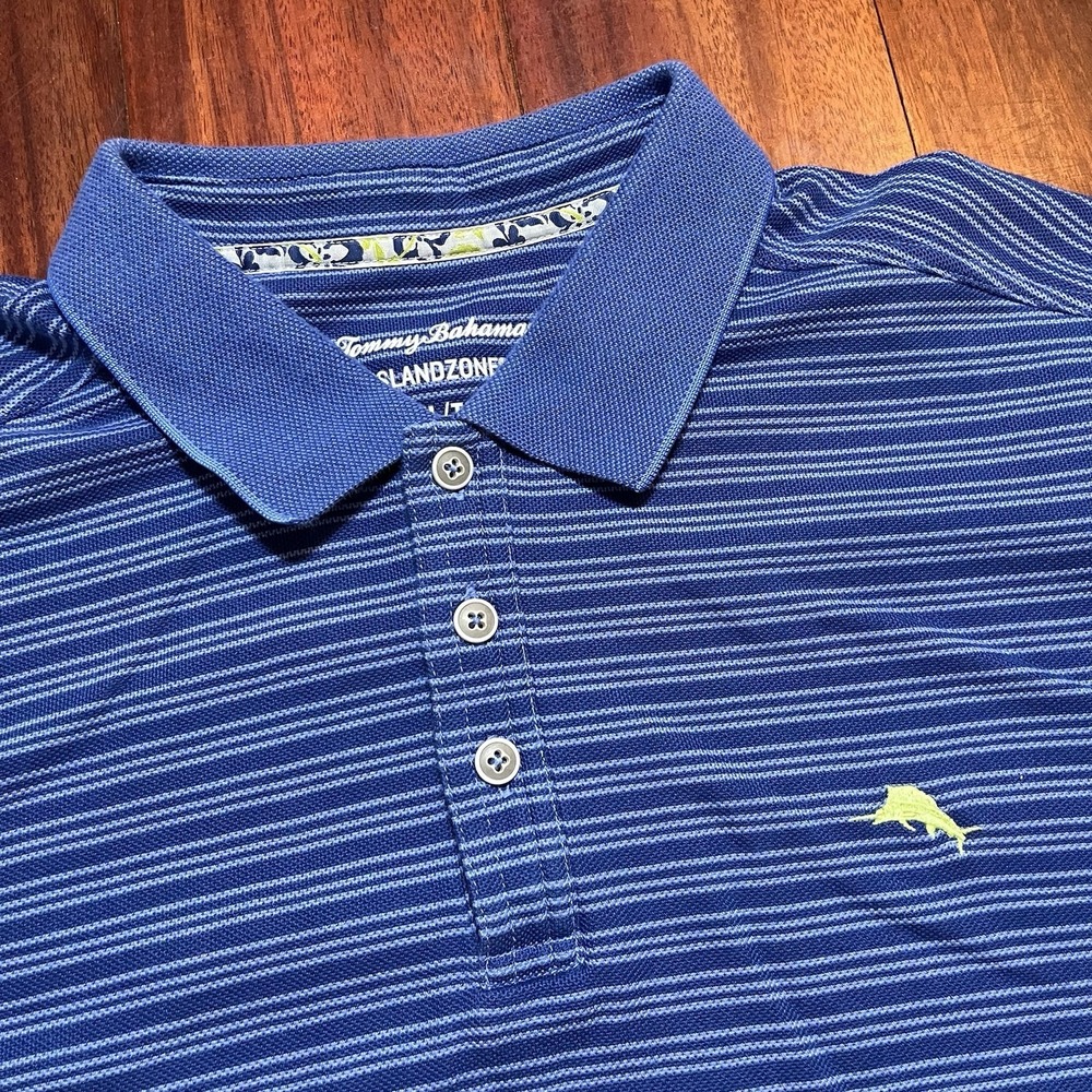 Tommy Bahama IslandZone Polo Shirt Men XL Blue Striped Pima Cotton Logo Preppy